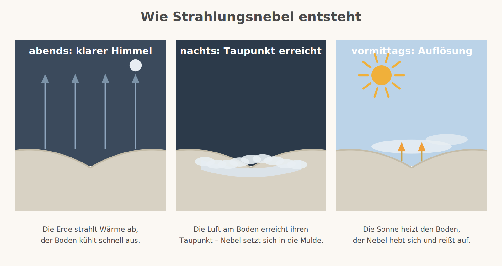 Drei Szenen: abends klarer Himmel mit abstrahlender Wärme, nachts Nebel in der Geländemulde, vormittags löst die Sonne den Nebel auf.